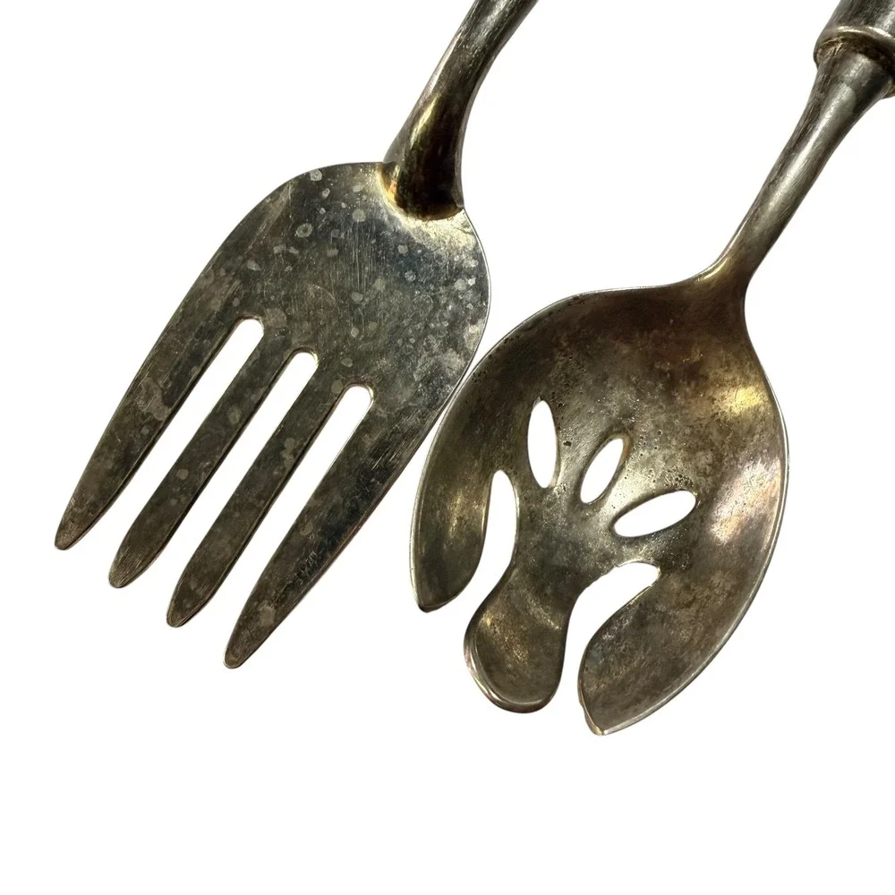 Vintage Salad Serving Set Faceted Glass Handles Silver Tone Fork Spoon 2 Piece